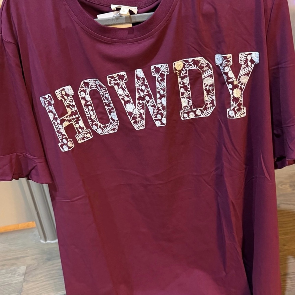 Texas A&M (or just being friendly) boutique maroon top, with embroidery, XL
